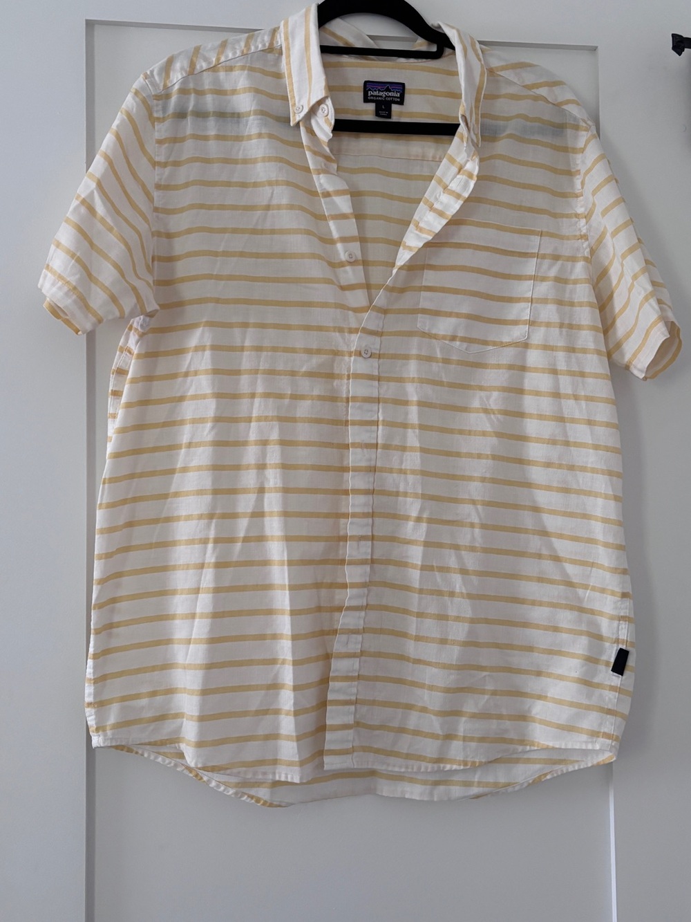 Patagonia Men’s Short-Sleeve Button-Down Shirt — White with Yellow Stripes